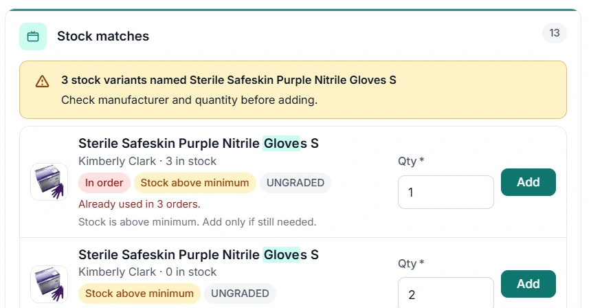 Dental Assist stock matches for gloves, showing items already in orders, stock above minimum and low stock