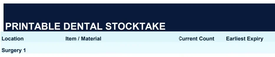 Printable dental stocktake count sheets grouped by room, including Surgery 1, with columns for location, item, current count and earliest expiry