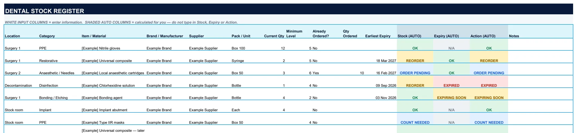 Stock register from the Reacting dental stocktake Excel template, showing REORDER and ORDER PENDING